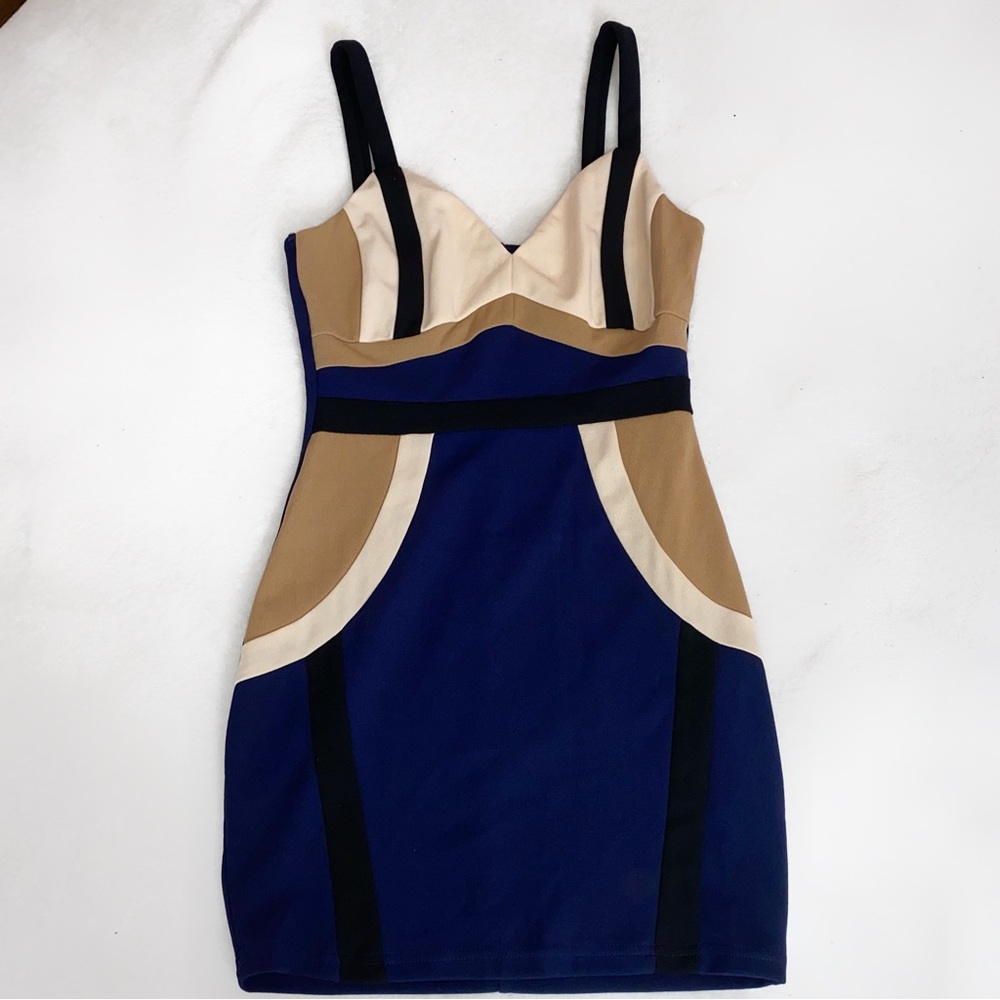 Windsor Navy Blue Tan and Cream Color Block Mini Dress